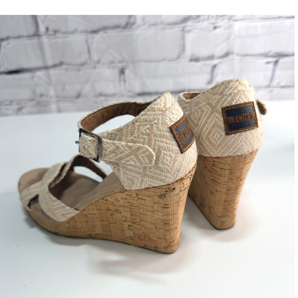 TOMS Wedge Sandals Womens‎ 7.5 Tan Cork Platform Espadrille Ankle Strap Shoes
